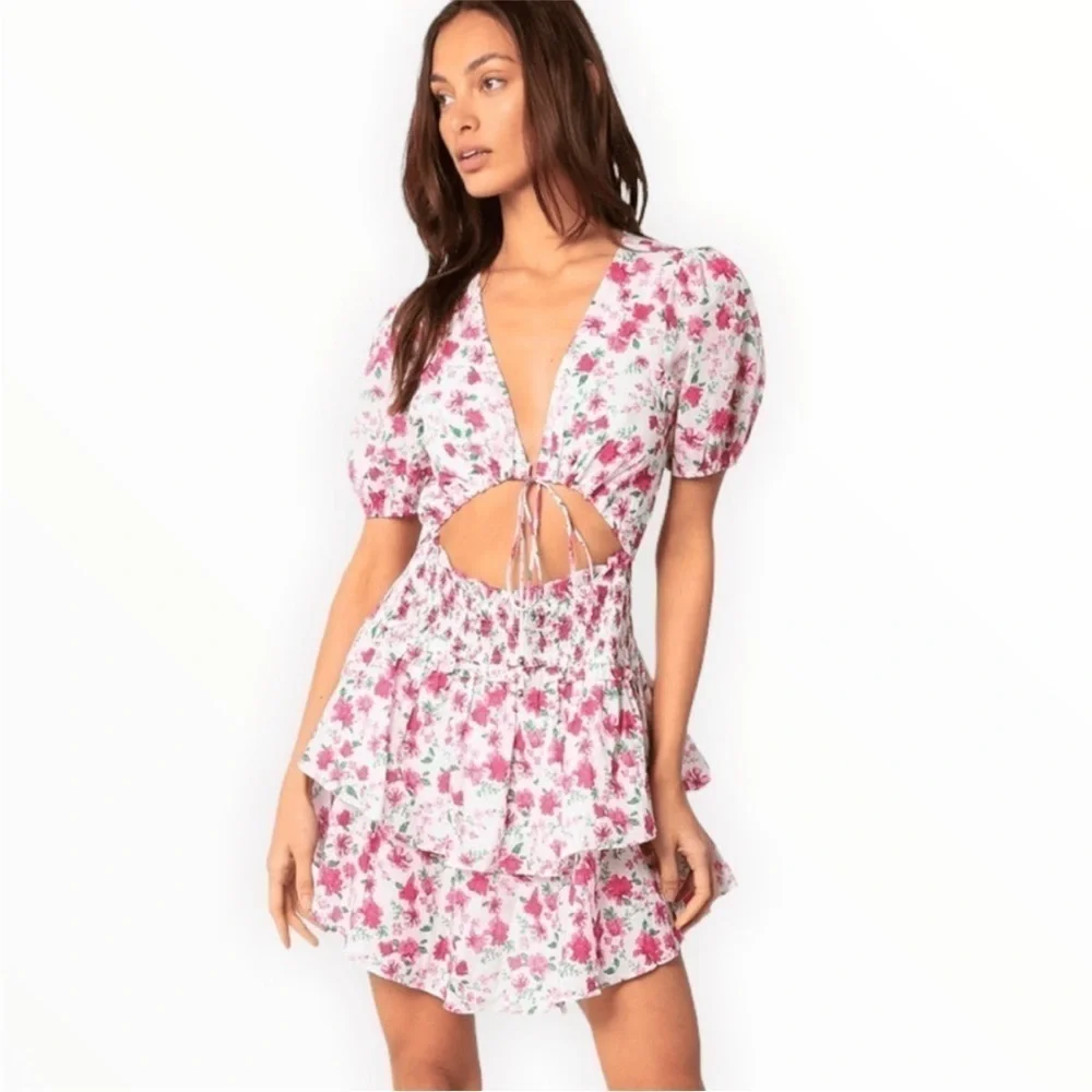 PINK Floral Smocked Waist Tie Front Tiered Ruffle Hem Cutout Dress Medium NWT